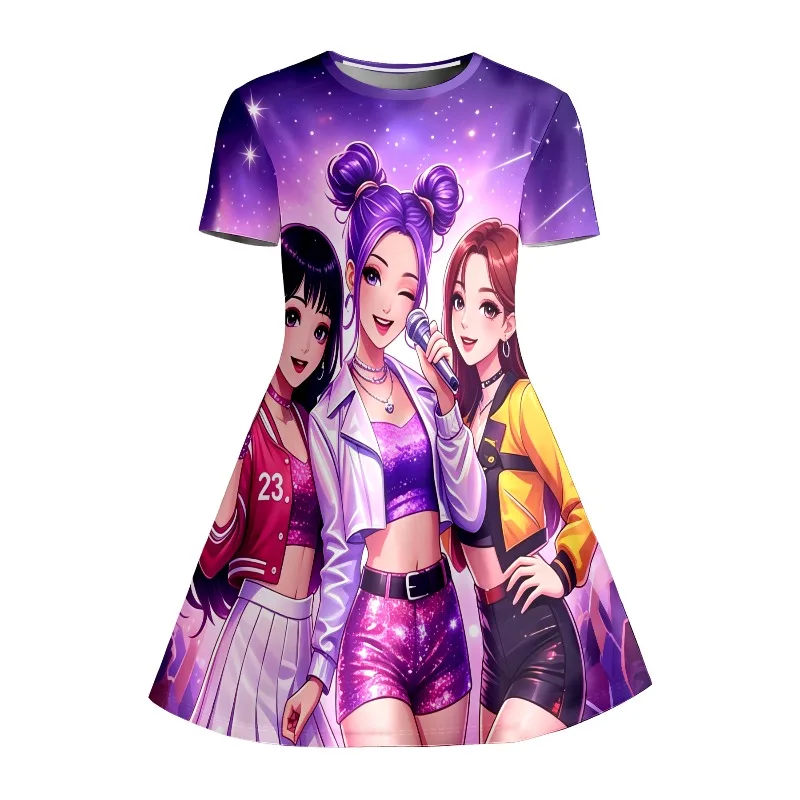 Girl K-Pop Star Group Printed Dress, Purple Galaxy Short Sleeved T-shirt Dress Suitable for Birthday Gifts and Parties