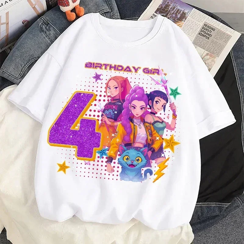 Cute Hunter Theme Girls T-Shirt Kids Music Fan Cartoon Print Birthday Tee Summer Casual Top Kawaii Gift for Kids Clothing