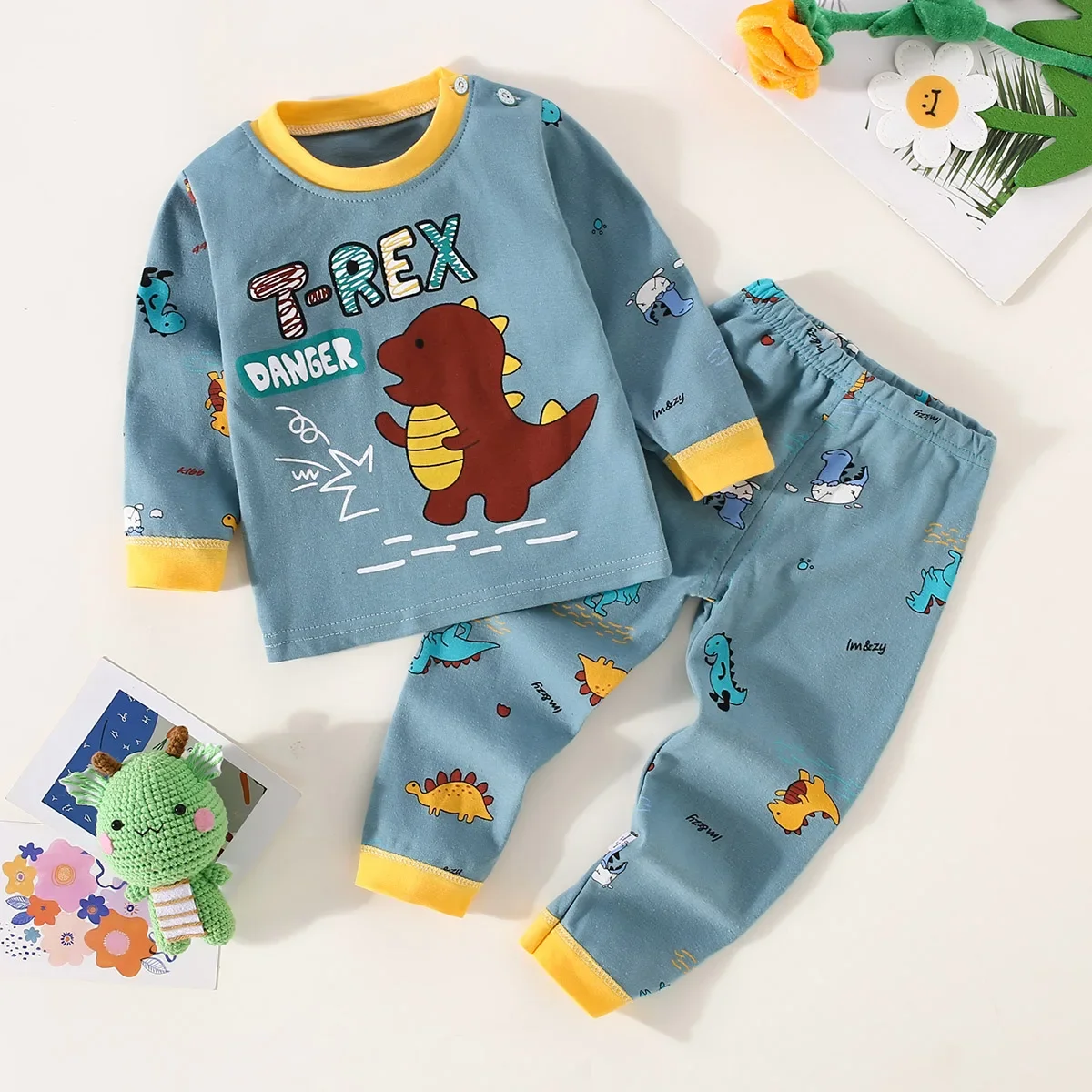 Toddler Boys Underwear Set Cotton Lettering And Bear Pattern Long Sleeve Top And Matching Pants Pajama Set