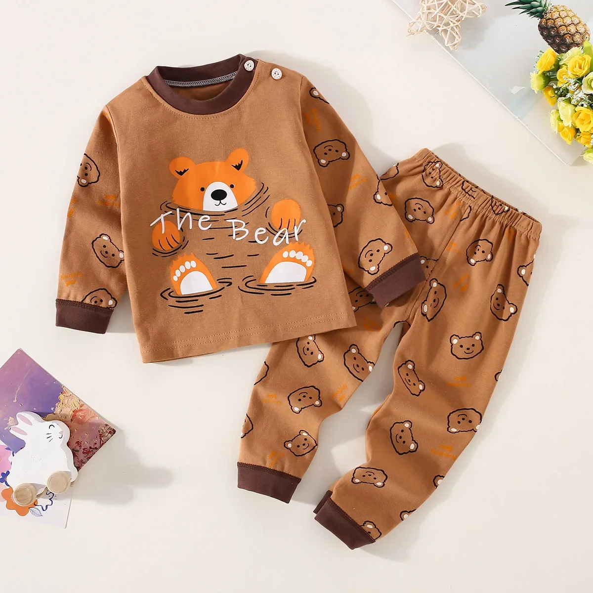 Toddler Boys Underwear Set Cotton Lettering And Bear Pattern Long Sleeve Top And Matching Pants Pajama Set