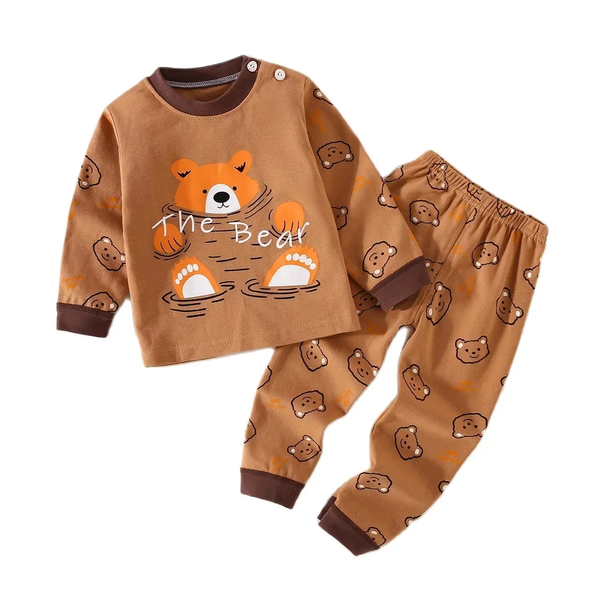 Toddler Boys Underwear Set Cotton Lettering And Bear Pattern Long Sleeve Top And Matching Pants Pajama Set