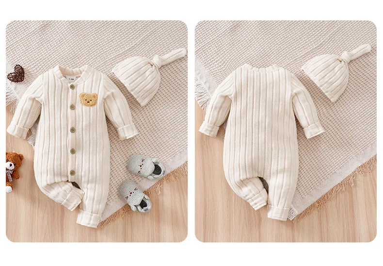 Winter Baby Toddler Onesie+Hats Button Bear Warmth Lovely 0-18 Months Newborn Knitted Romper Round Neck Soft Minimalist Casual