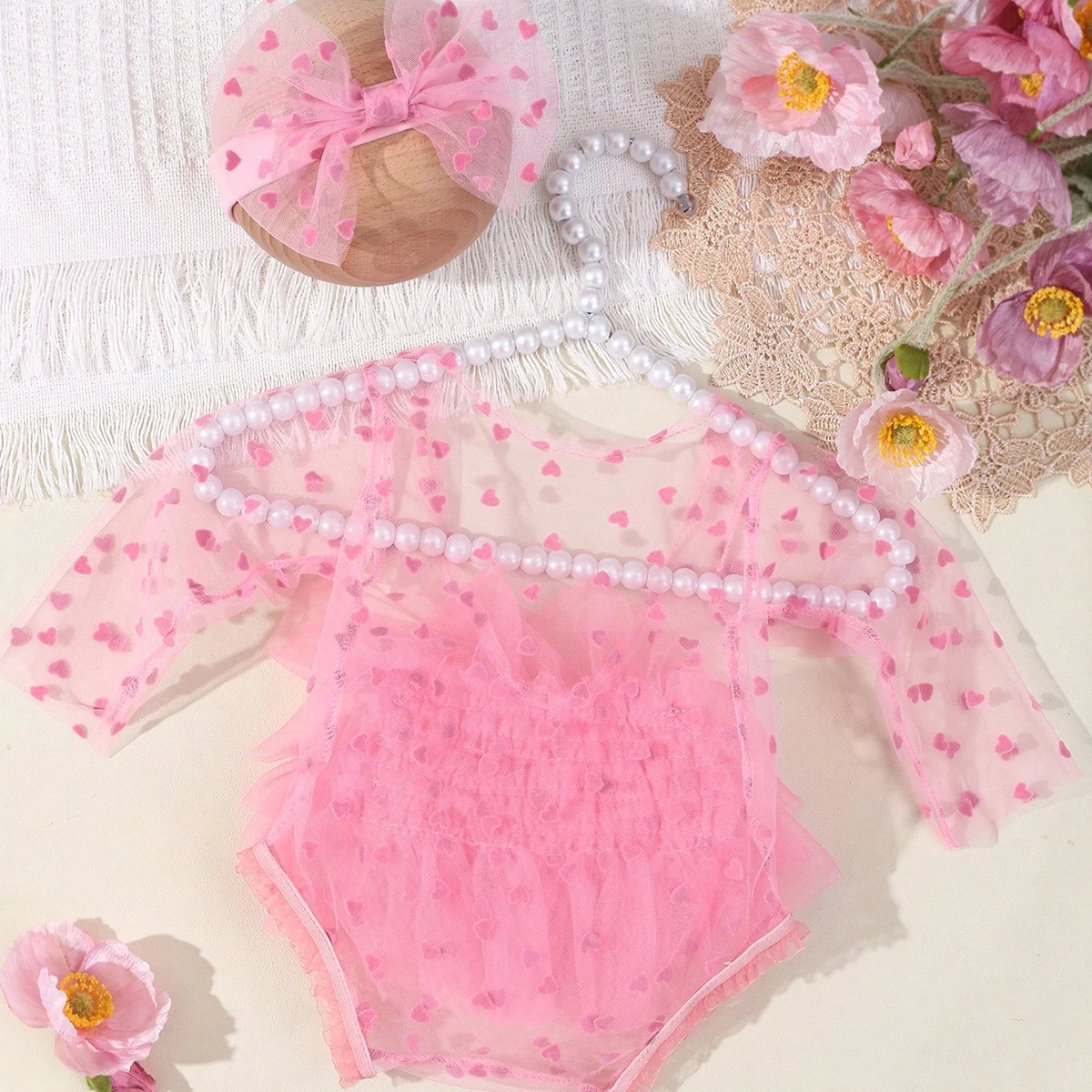 Ylsteed Pink Polka Dot Newborn Photography Romper with Bow Headband Baby Girl Photoshoot Outfits 1 Month Infant Picture Props