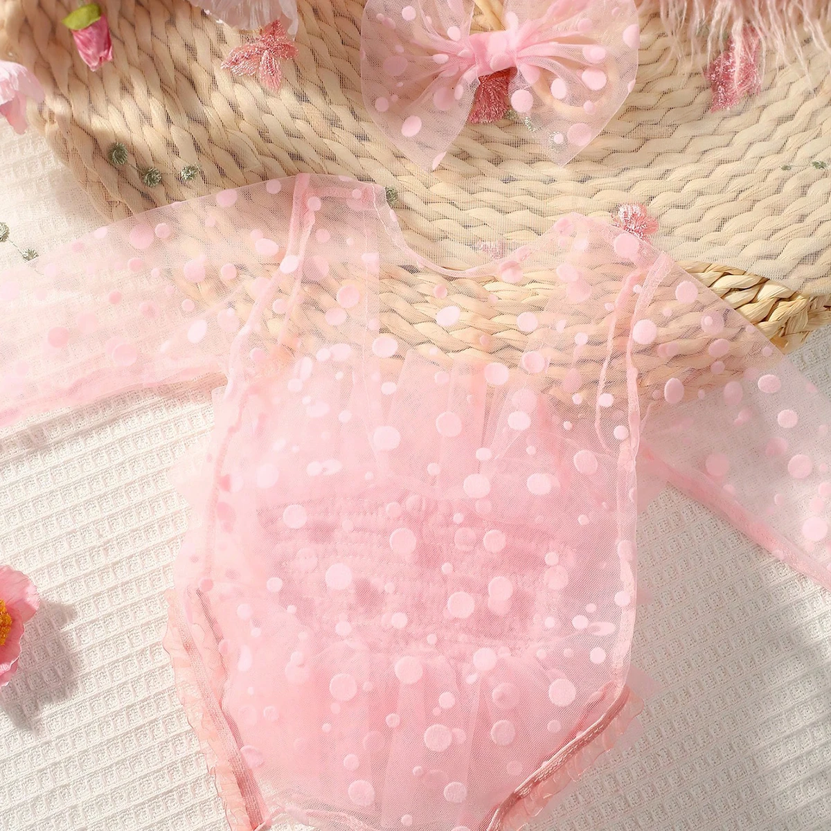 Ylsteed Pink Polka Dot Newborn Photography Romper with Bow Headband Baby Girl Photoshoot Outfits 1 Month Infant Picture Props