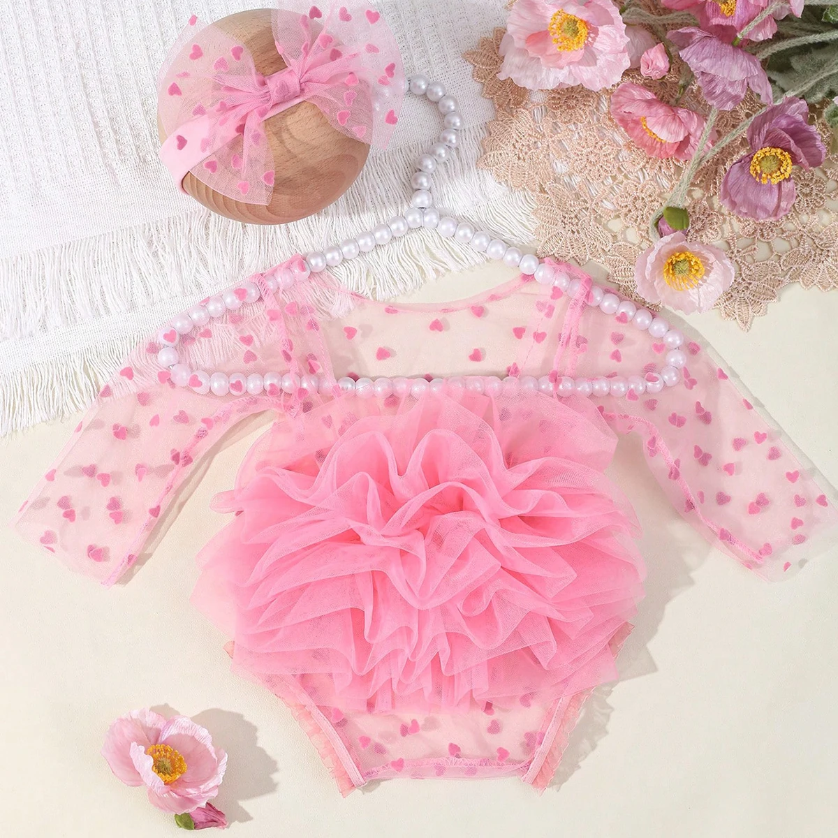Ylsteed Pink Polka Dot Newborn Photography Romper with Bow Headband Baby Girl Photoshoot Outfits 1 Month Infant Picture Props