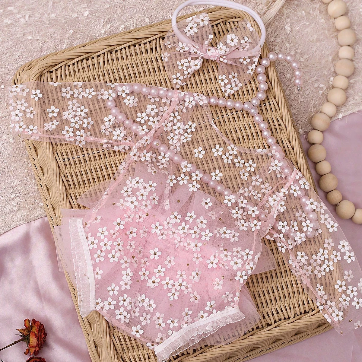 Ylsteed Pink Polka Dot Newborn Photography Romper with Bow Headband Baby Girl Photoshoot Outfits 1 Month Infant Picture Props