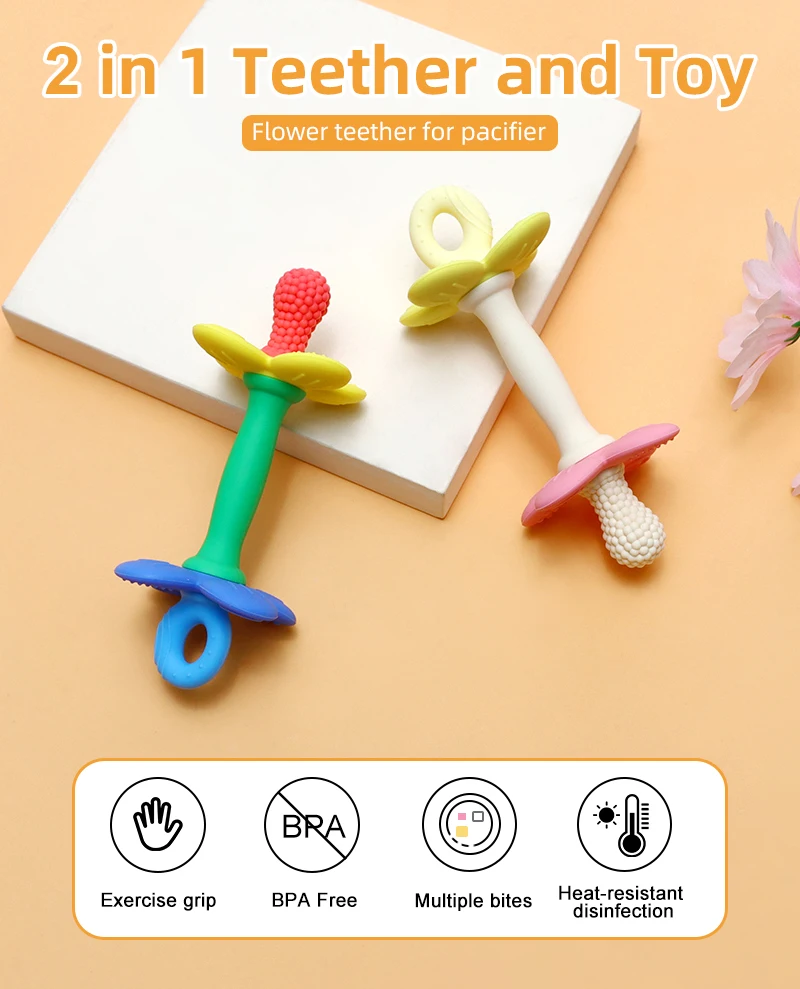 New 2 in 1 Baby Silicone Flower Teether - Safe & Soft Chewing Toy for Soothing Sore Gums, BPA-Free, Easy-to-Hold Teething Toy