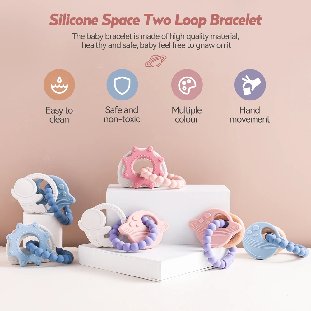 1pc Silicone Teether,Food Grade Baby 0-12 Toys,ToddlersTeething Ring Sensory Toys,Silicone Planet Teether Bracelet Accessories