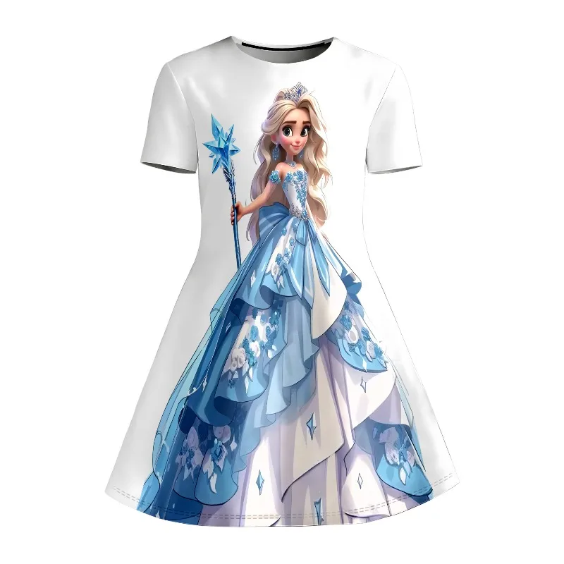 Girl Ice Princess Printed T-shirt Dress, Blue and White Fairy Tale Children's Party Casual Dress Suitable for Birthday Gifts