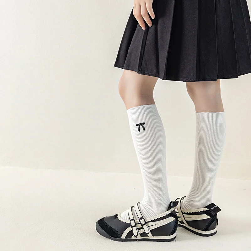 Spring Autumn Girls Knee High Socks Cotton Bow Embroidery Socks for 3-12Y Kids Solid Color Sweet Long Tube Stockings
