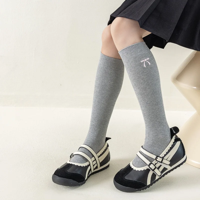 Spring Autumn Girls Knee High Socks Cotton Bow Embroidery Socks for 3-12Y Kids Solid Color Sweet Long Tube Stockings