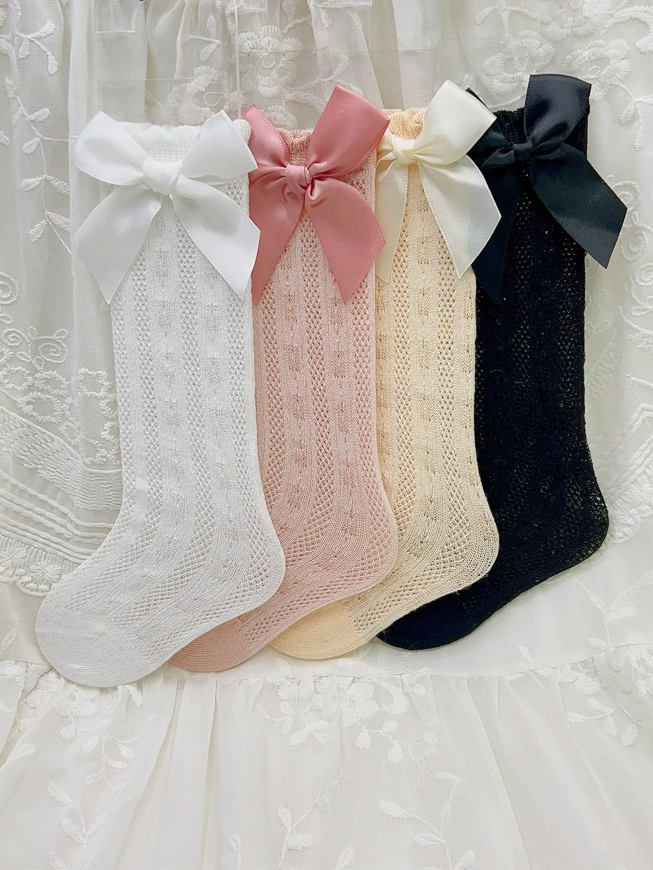 3/4 Pairs of Baby Girls' Bows Decor Anti-Mosquito Socks,Soft Breathable Cotton Crib Socks for Infant Toddler Summer Outdoor Play