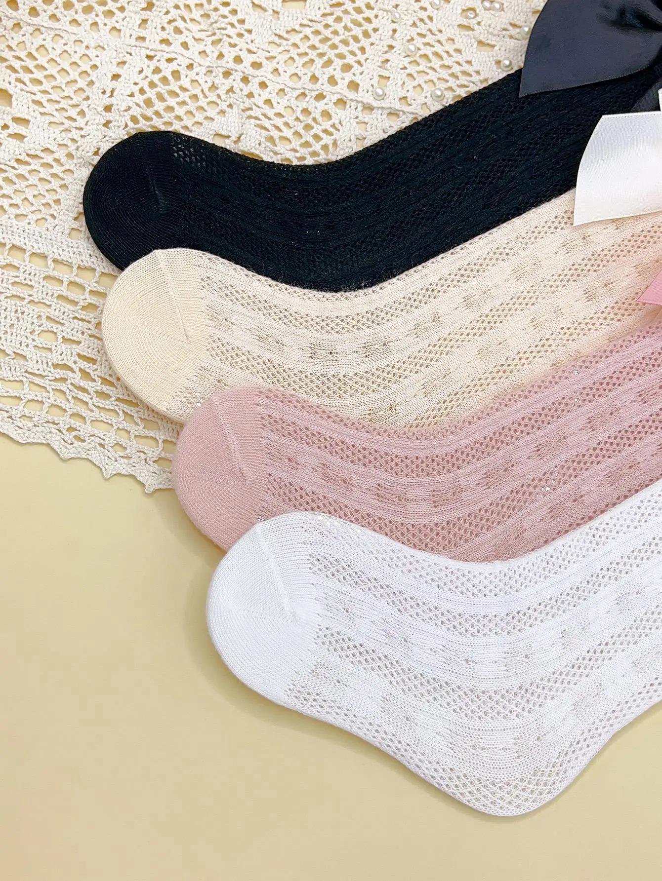 3/4 Pairs of Baby Girls' Bows Decor Anti-Mosquito Socks,Soft Breathable Cotton Crib Socks for Infant Toddler Summer Outdoor Play