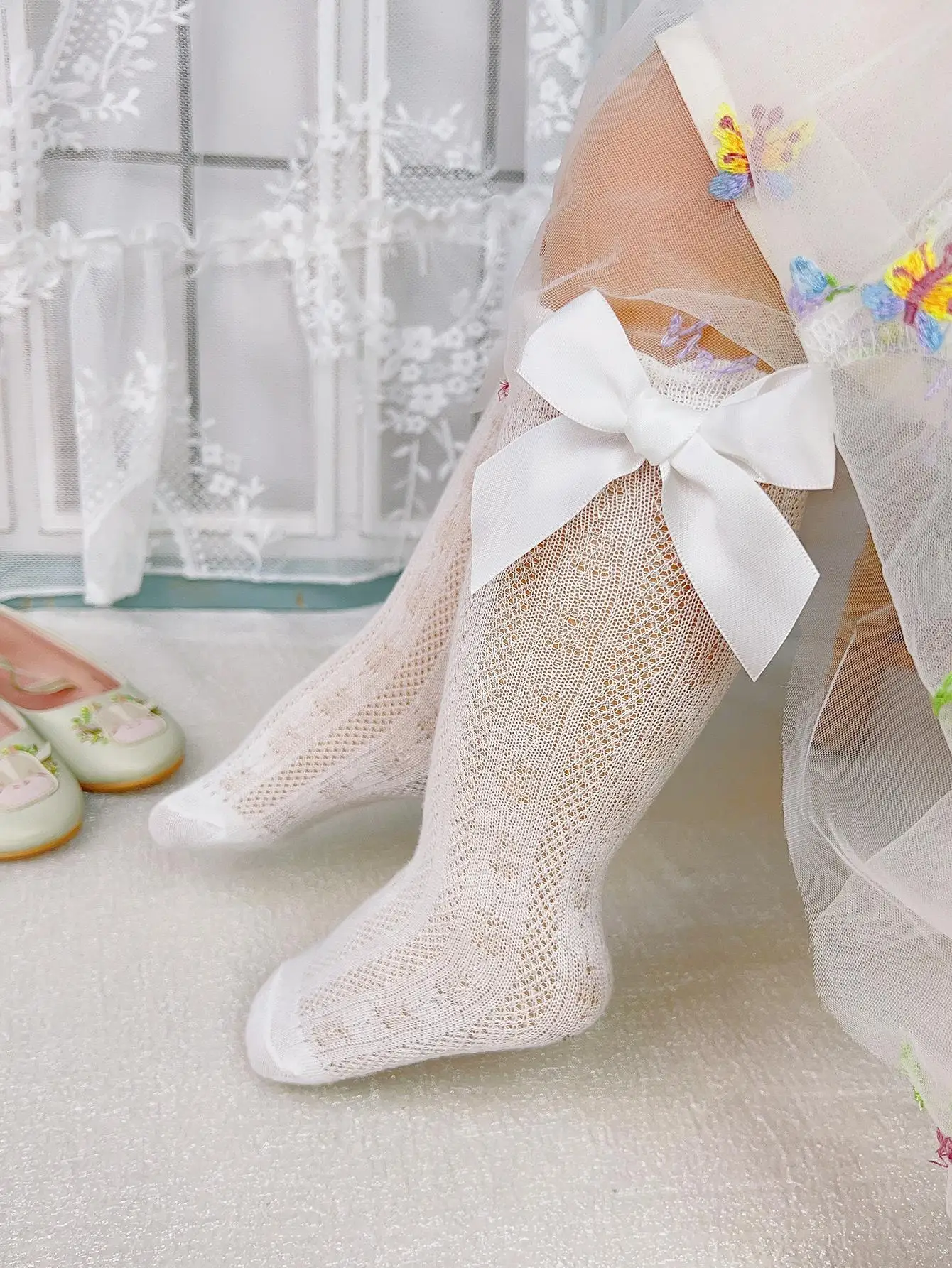 3/4 Pairs of Baby Girls' Bows Decor Anti-Mosquito Socks,Soft Breathable Cotton Crib Socks for Infant Toddler Summer Outdoor Play