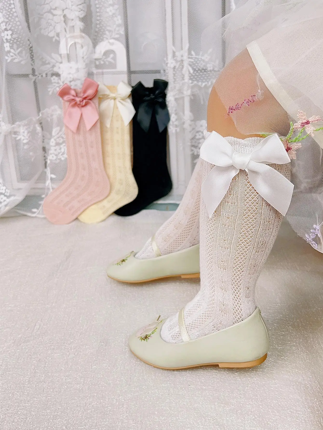 3/4 Pairs of Baby Girls' Bows Decor Anti-Mosquito Socks,Soft Breathable Cotton Crib Socks for Infant Toddler Summer Outdoor Play