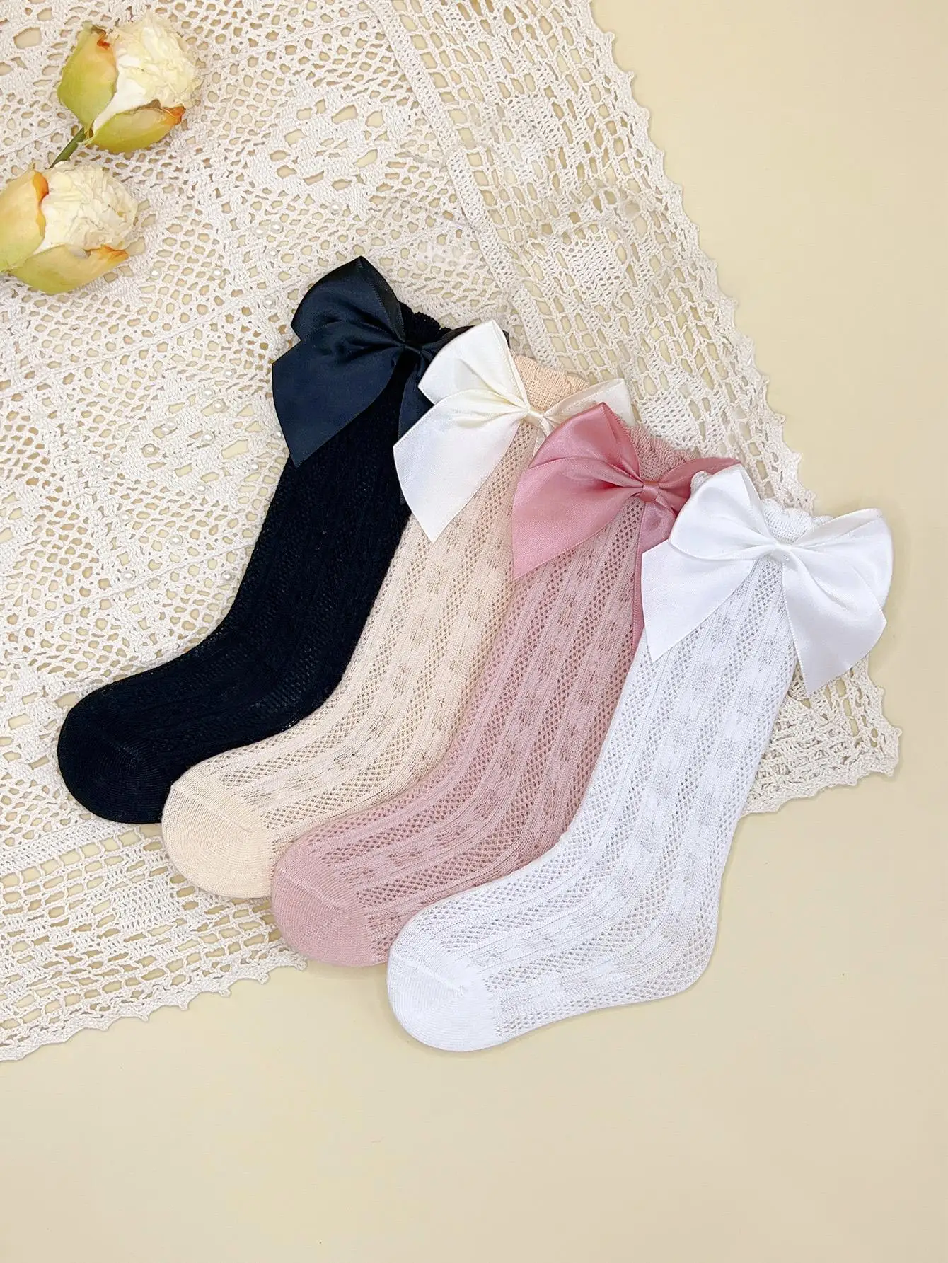 3/4 Pairs of Baby Girls' Bows Decor Anti-Mosquito Socks,Soft Breathable Cotton Crib Socks for Infant Toddler Summer Outdoor Play