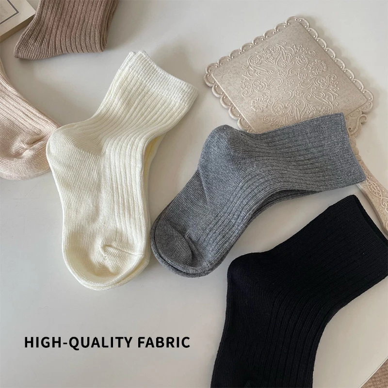 5 Pairs Pure Cotton Solid Color Fashion Children's Mid-calf Socks Comfortable Breathable Kids Footwear for Boys Daily Use