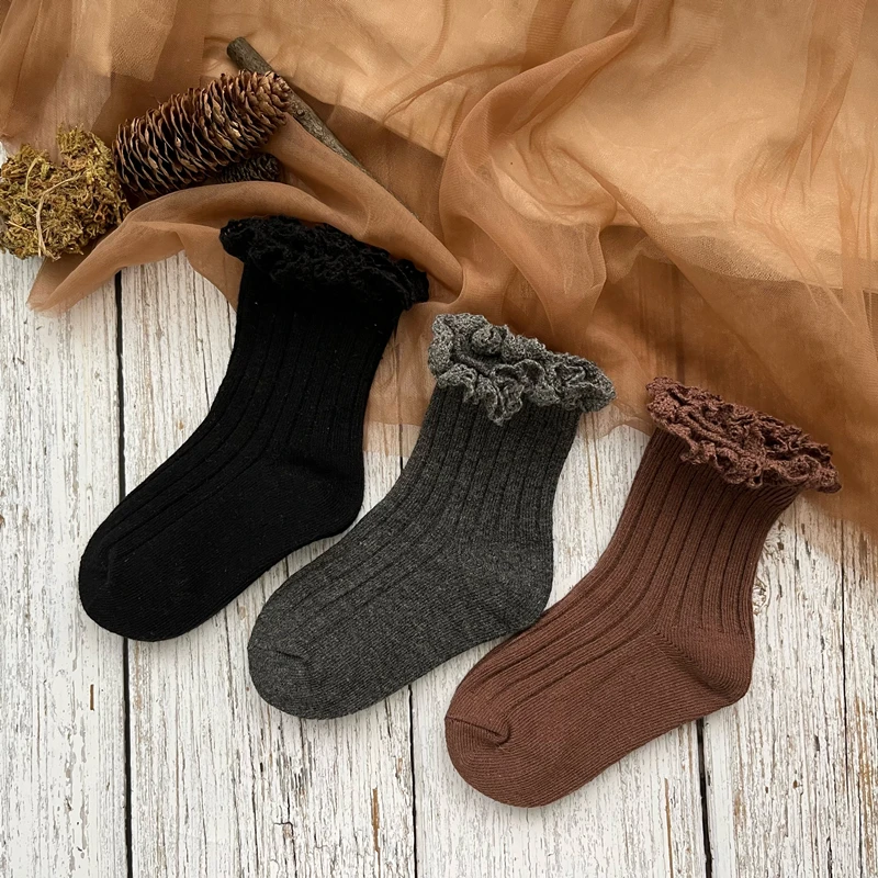 Ruffle Kids Knee High Socks Baby Girls Toddlers Long Soft Cotton Sock Lace Flower Children School Uniform Socks For 0-8Years