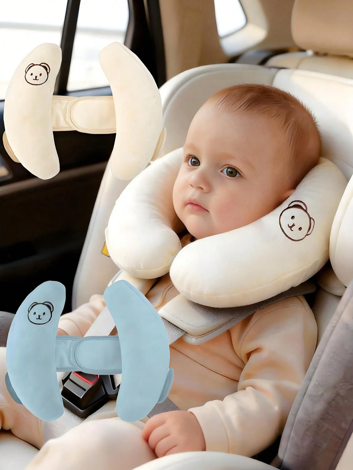 1Pc Car Seat Headrest. Baby H-Shaped Neck Pillow, Soft and Fluffy Head Support, Adjustable Velcro Design, Suitable for Car Seats, a Must-Have for Baby Strollers