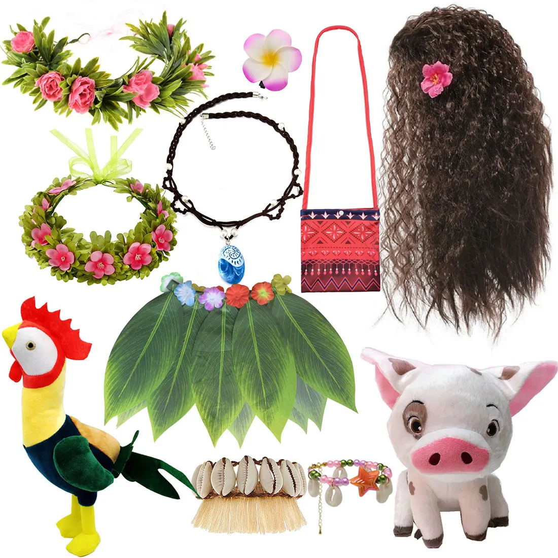 2026 Girls Ocean Tiara & Wand Set Starfish Decor Kids Wig Necklace Bag Grass Skirt Doll Wreath Crown Beach Moana Accessories Set