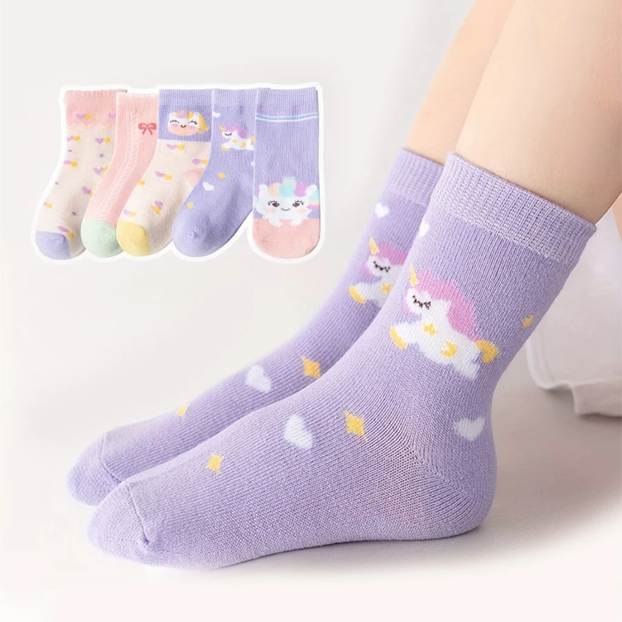 5 Pairs of Kidsren's Socks with Cartoon Cute Unicorn Patterns for Girls and Babies, Versatile Trendyy Bow Mid-Calf Socks, Suitable for Daily Casual Life