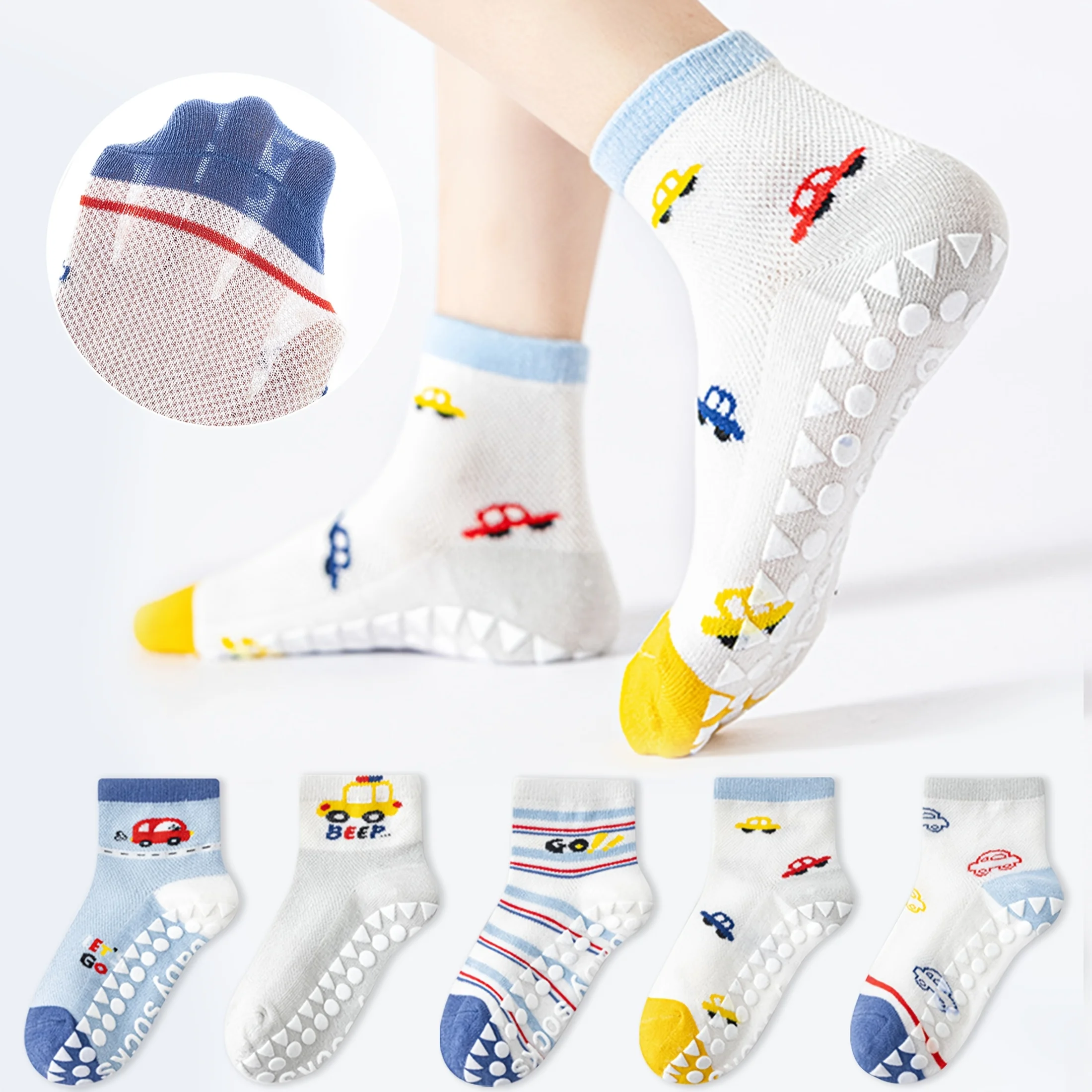5-Pack Children's Floor Socks with Letter Stripes, Car Patterns, Cartoon Designs, Boys' Baby Walking Socks, Mesh Breathable Soft-Soled Indoor Non-Slip Blue Mid-Tube Socks, Suitable for Casual Daily Life