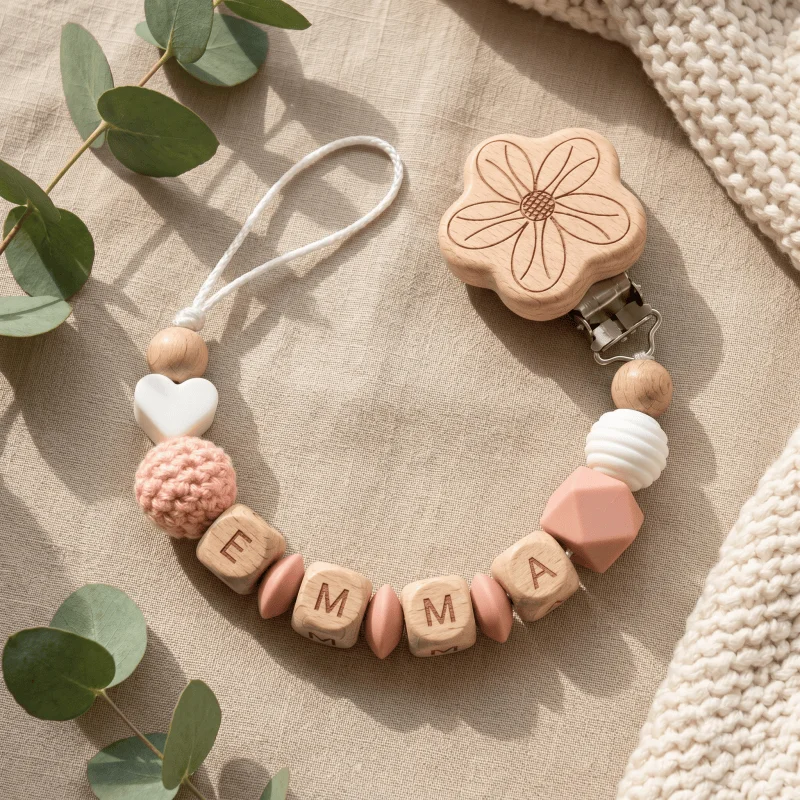 2026 Personalized Baby Pacifier Clip Custom Name Wooden Dummy Chain Silicone Teether Holder BPA Free Baby Shower Gift