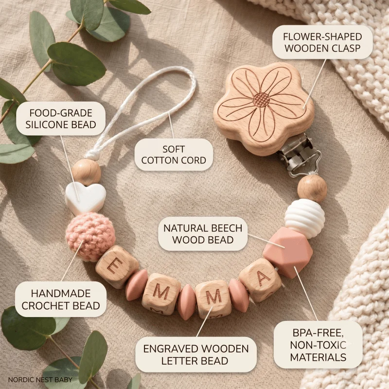 2026 Personalized Baby Pacifier Clip Custom Name Wooden Dummy Chain Silicone Teether Holder BPA Free Baby Shower Gift