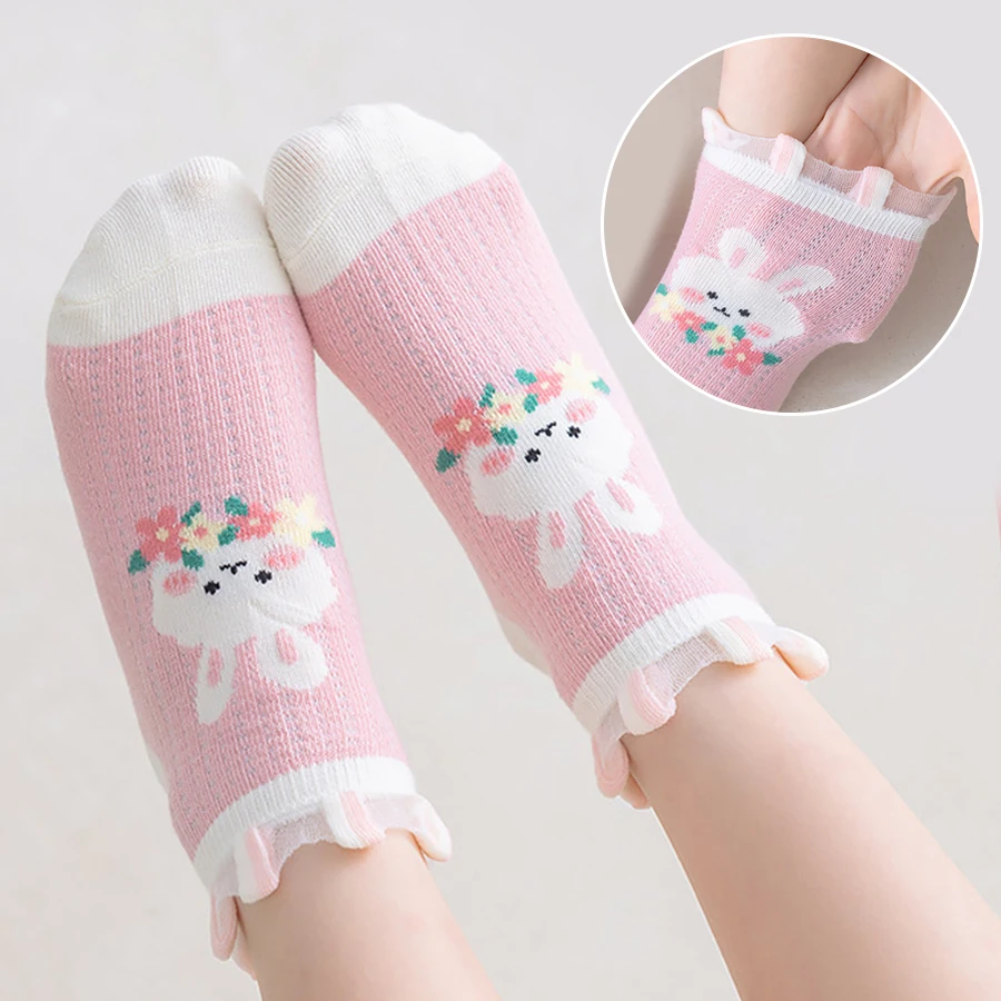 5 Pairs of Children's Socks with Color-Blocking Rabbit and Floral Patterns, Pink Trendy Versatile Lace Mid-Calf Socks for Girls, Suitable for Everyday Casual Life in All Seasons