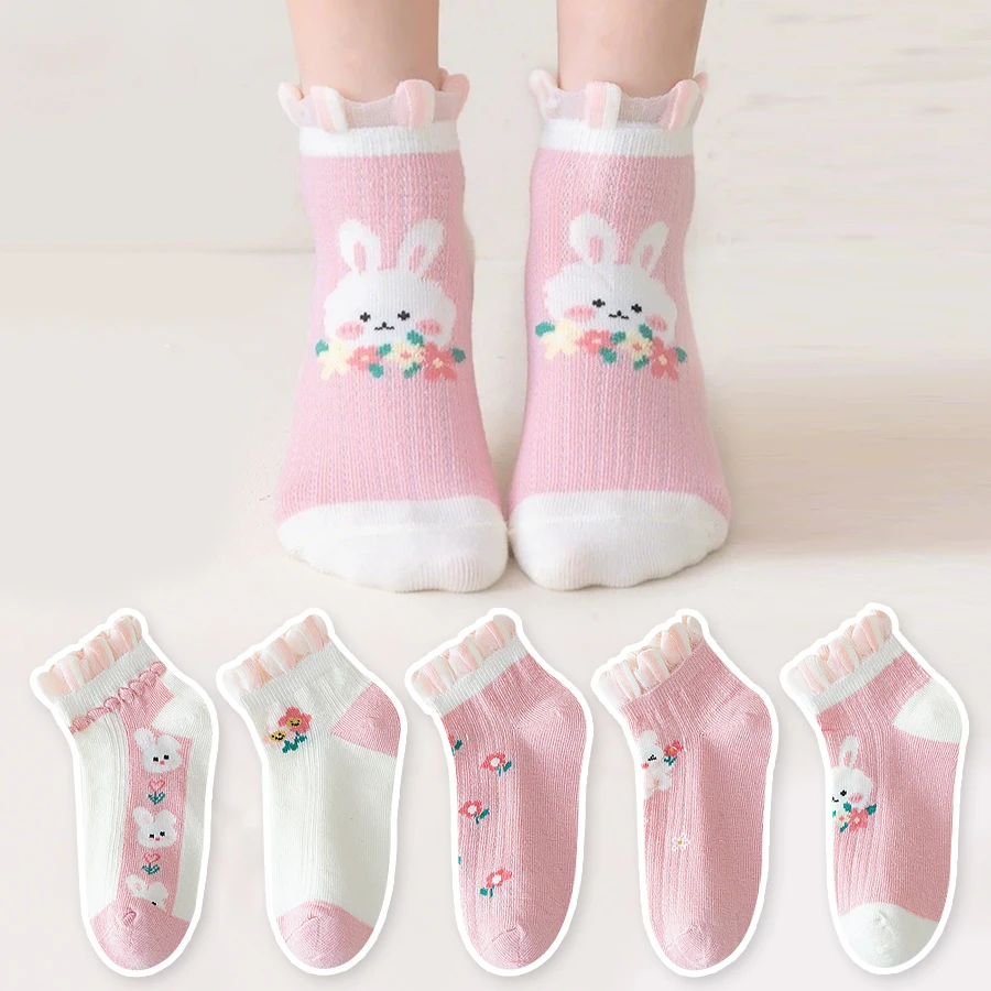 5 Pairs of Children's Socks with Color-Blocking Rabbit and Floral Patterns, Pink Trendy Versatile Lace Mid-Calf Socks for Girls, Suitable for Everyday Casual Life in All Seasons