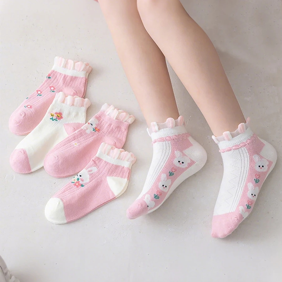 5 Pairs of Children's Socks with Color-Blocking Rabbit and Floral Patterns, Pink Trendy Versatile Lace Mid-Calf Socks for Girls, Suitable for Everyday Casual Life in All Seasons