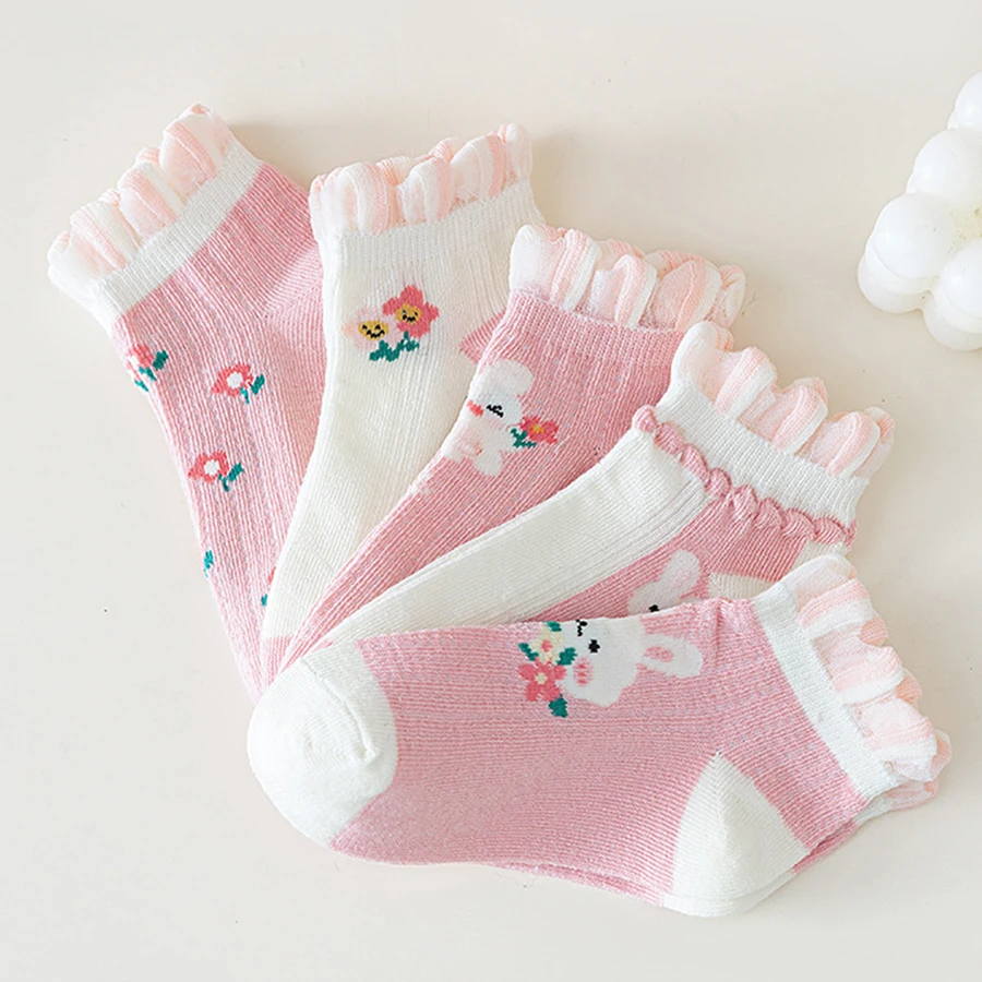 5 Pairs of Children's Socks with Color-Blocking Rabbit and Floral Patterns, Pink Trendy Versatile Lace Mid-Calf Socks for Girls, Suitable for Everyday Casual Life in All Seasons