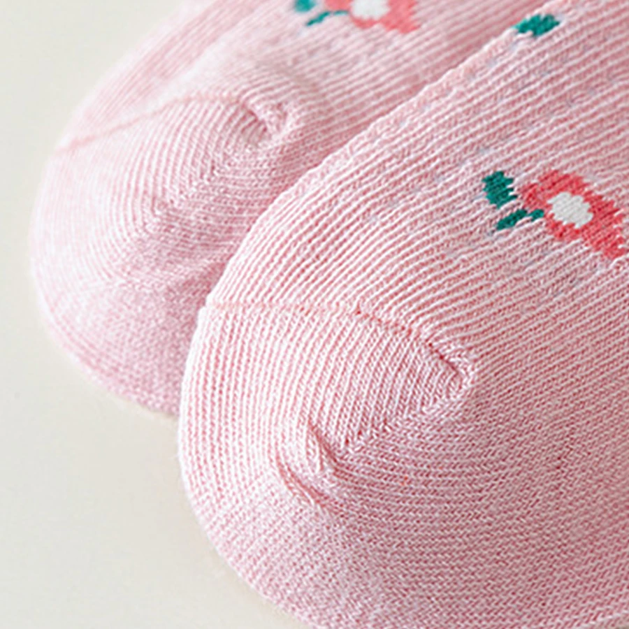 5 Pairs of Children's Socks with Color-Blocking Rabbit and Floral Patterns, Pink Trendy Versatile Lace Mid-Calf Socks for Girls, Suitable for Everyday Casual Life in All Seasons