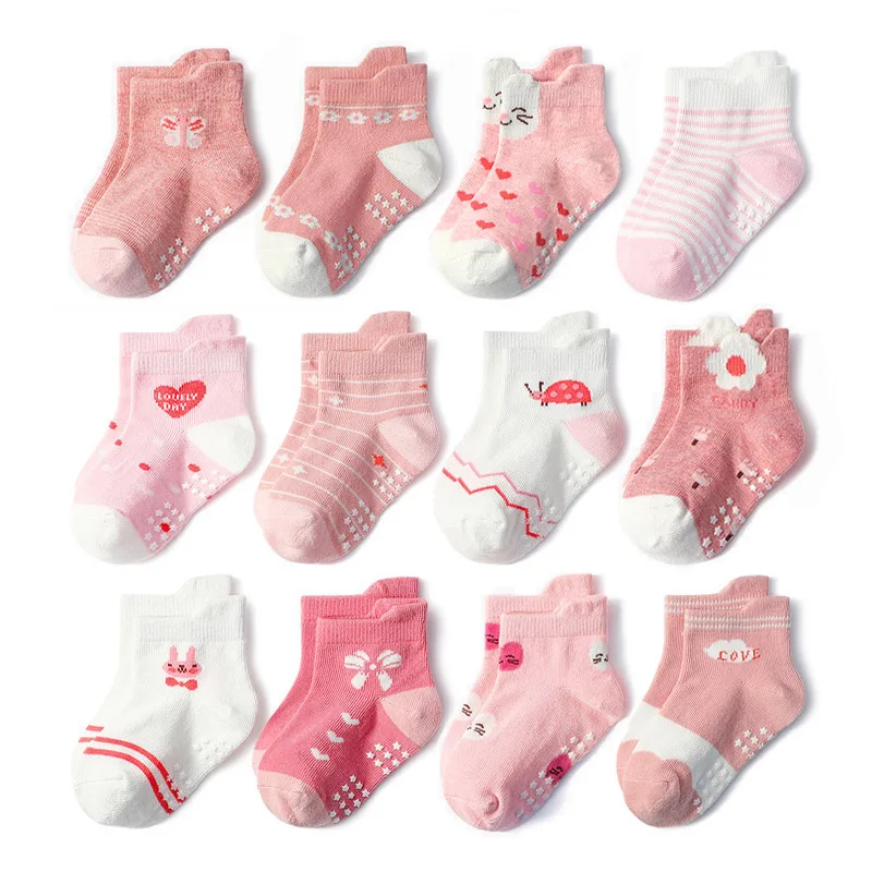 6 Pairs Girls Socks Cartoon Flower Heart Pattern Non-Slip Floor Socks for Kids Baby Toddler All-Season