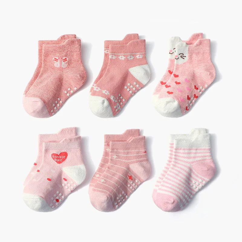 6 Pairs Girls Socks Cartoon Flower Heart Pattern Non-Slip Floor Socks for Kids Baby Toddler All-Season