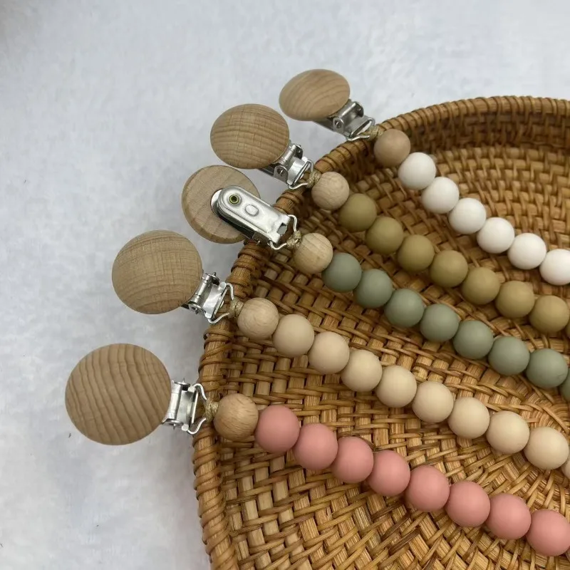 Beech Wood Chew Silicone Bead Pacifier Clips Dummy Chain Holder Newborn Soother Chains Nipple Holder Baby Teething Toys Gifts