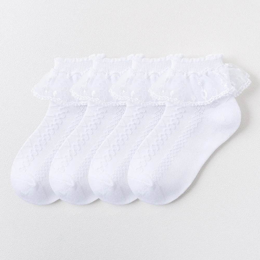 4 Pairs Girls Lace Ruffle Socks Breathable Comfortable Adorable Princess-Style Kids Dance Ready Socks with Frilly Trim