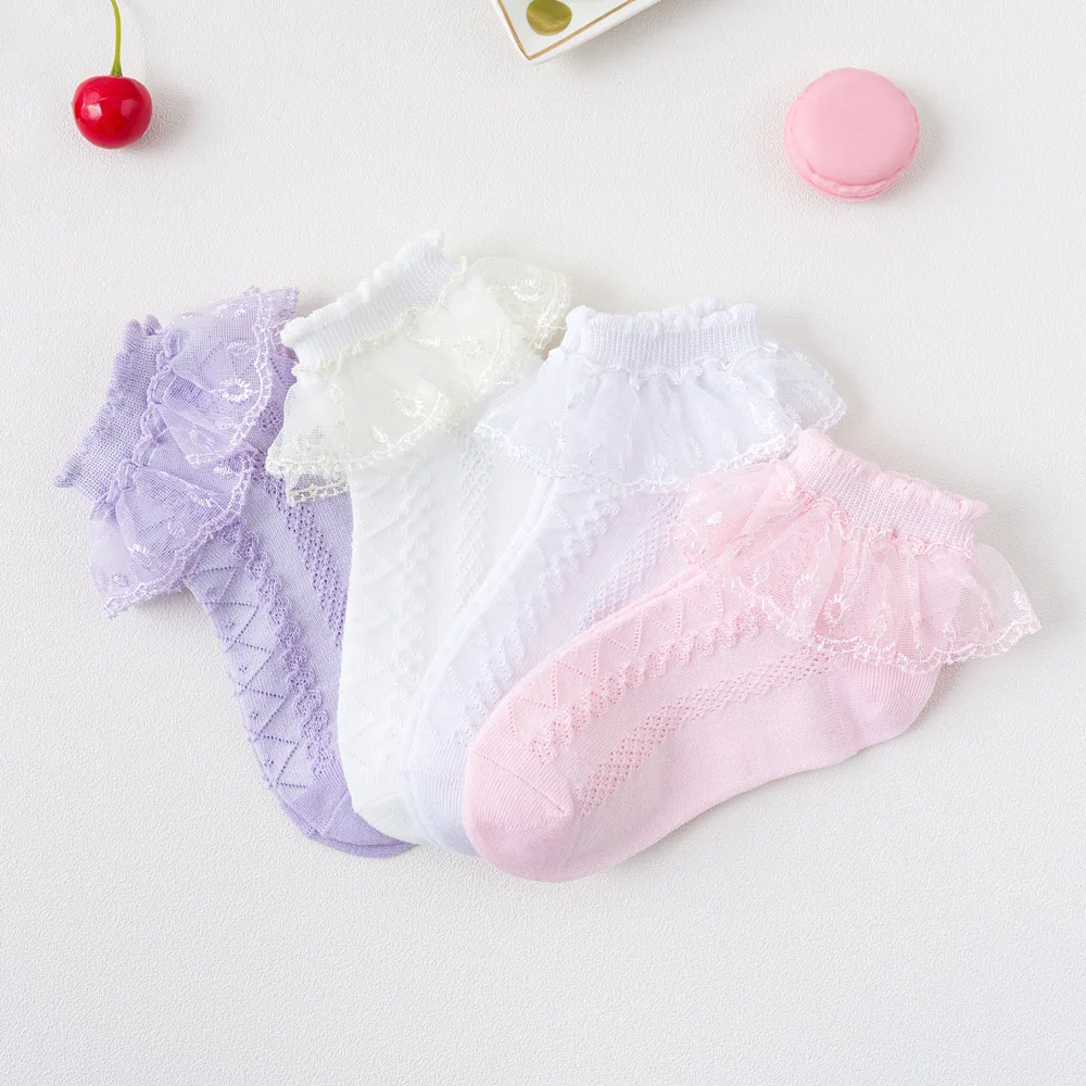 4 Pairs Girls Lace Ruffle Socks Breathable Comfortable Adorable Princess-Style Kids Dance Ready Socks with Frilly Trim