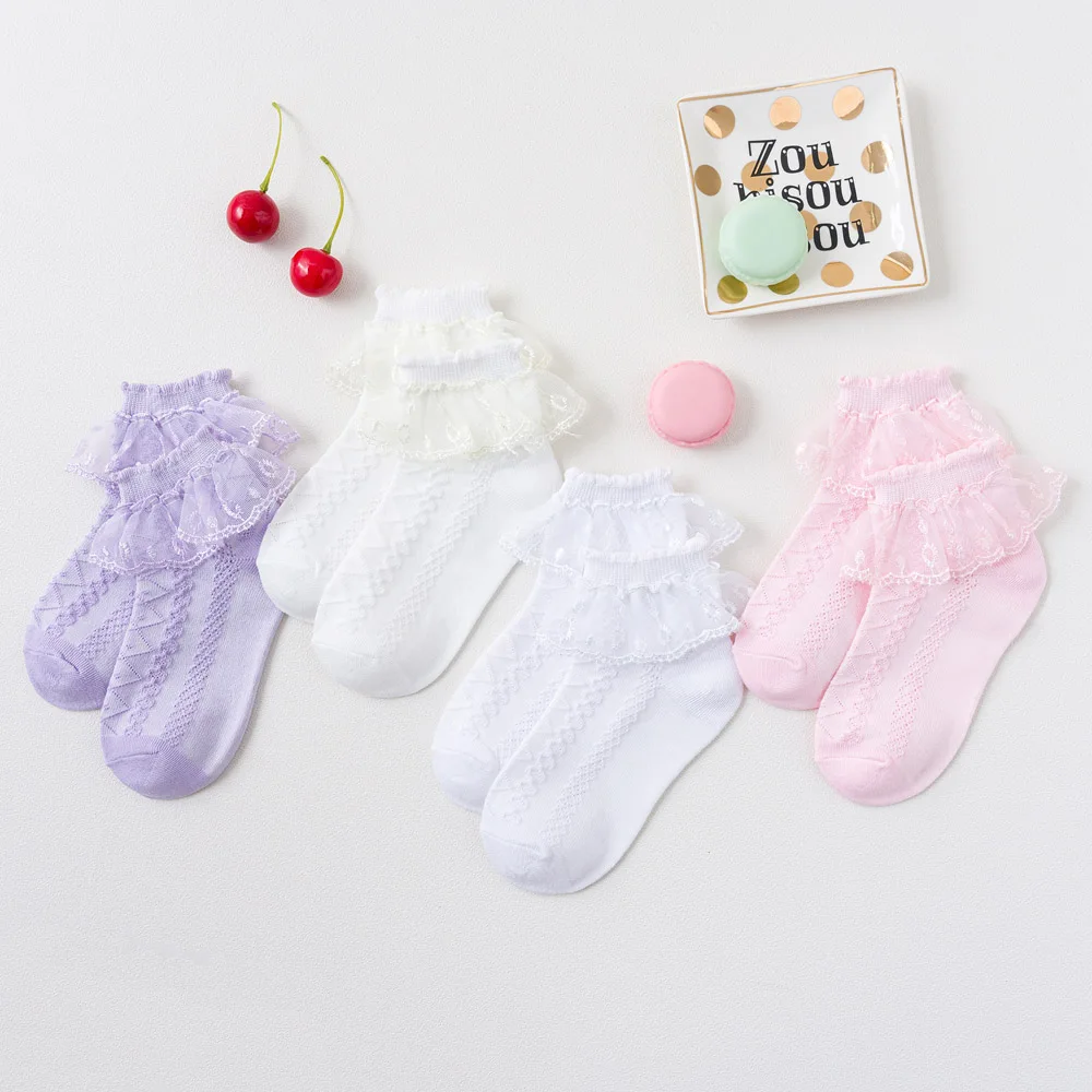 4 Pairs Girls Lace Ruffle Socks Breathable Comfortable Adorable Princess-Style Kids Dance Ready Socks with Frilly Trim