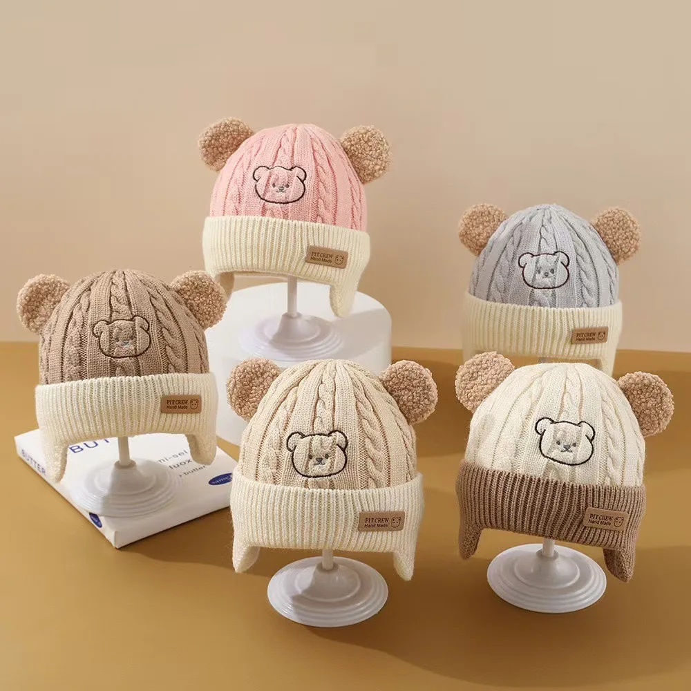 Baby Hat Cute Bear Ear Protection Hat Children Winter Thickened Warm Knitted Korean Version Of The Baby Hat