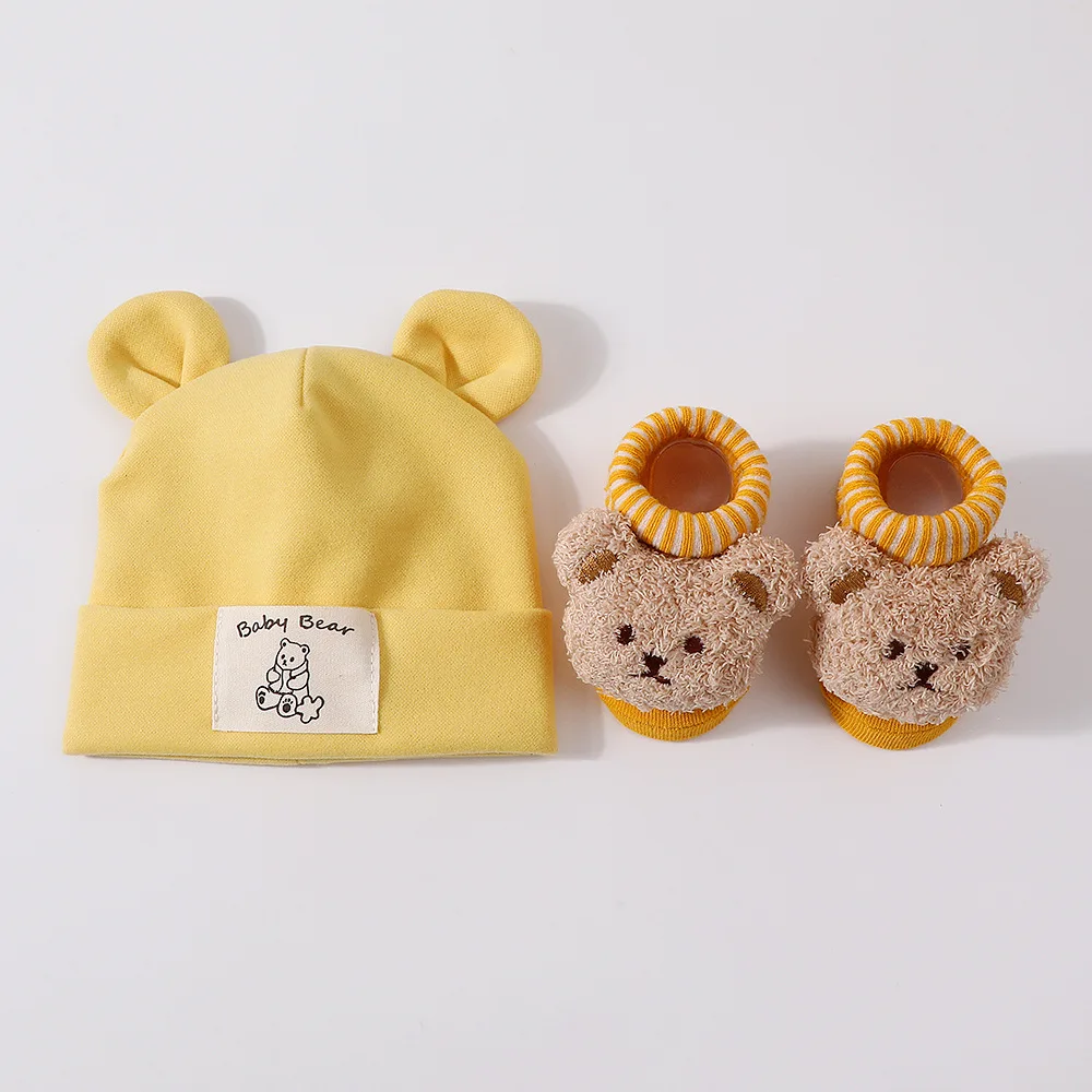 2pcs Bear Ear Baby Hat Knit Socks Set Cotton Newborn Headscarf Beanies Autumn Winter Warm Kids Pullover Cap Baby Accessories