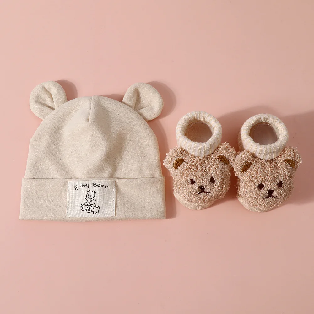 2pcs Bear Ear Baby Hat Knit Socks Set Cotton Newborn Headscarf Beanies Autumn Winter Warm Kids Pullover Cap Baby Accessories