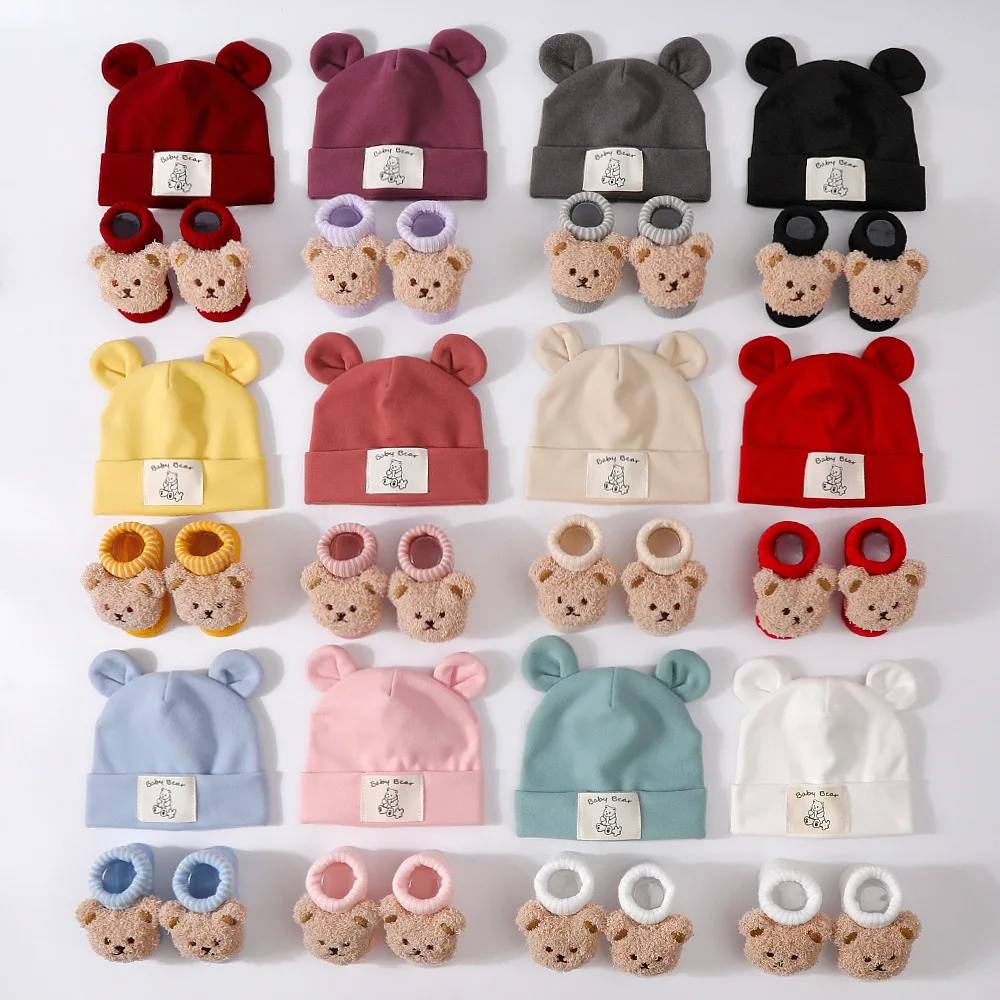 2pcs Bear Ear Baby Hat Knit Socks Set Cotton Newborn Headscarf Beanies Autumn Winter Warm Kids Pullover Cap Baby Accessories