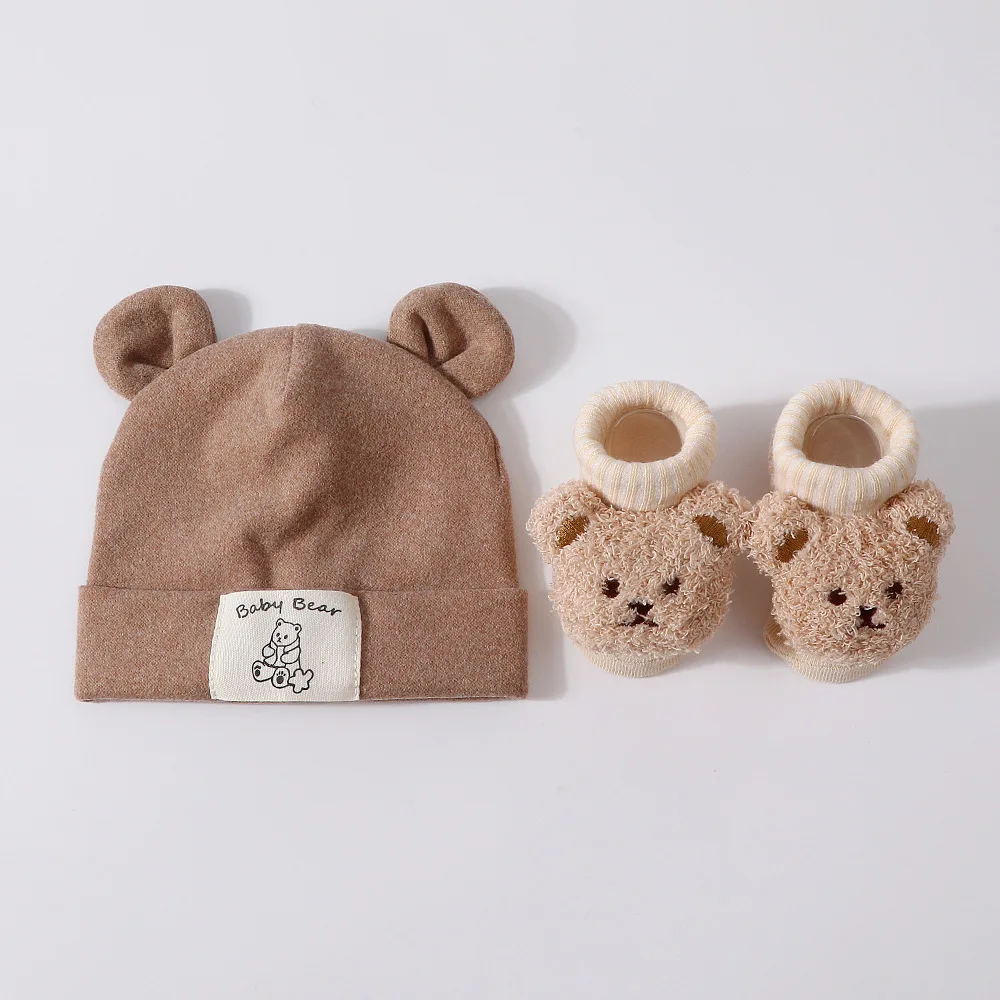 2pcs Bear Ear Baby Hat Knit Socks Set Cotton Newborn Headscarf Beanies Autumn Winter Warm Kids Pullover Cap Baby Accessories