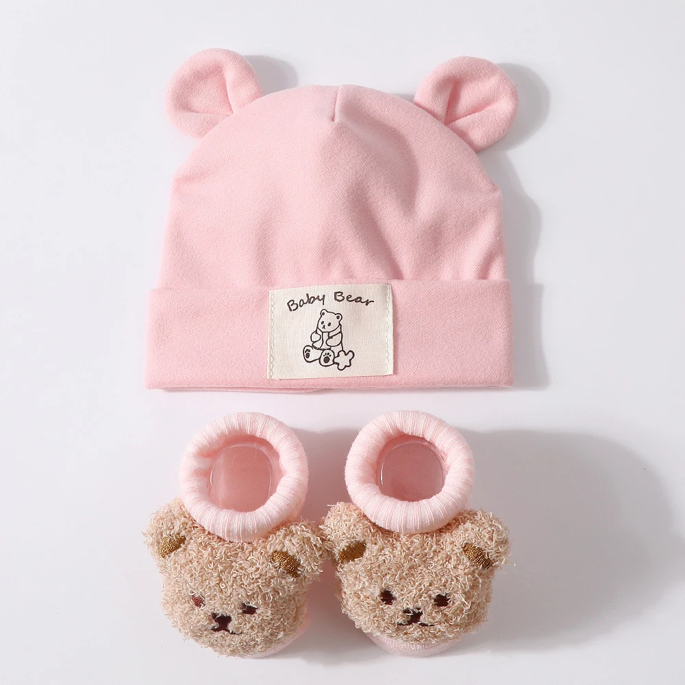 2pcs Bear Ear Baby Hat Knit Socks Set Cotton Newborn Headscarf Beanies Autumn Winter Warm Kids Pullover Cap Baby Accessories