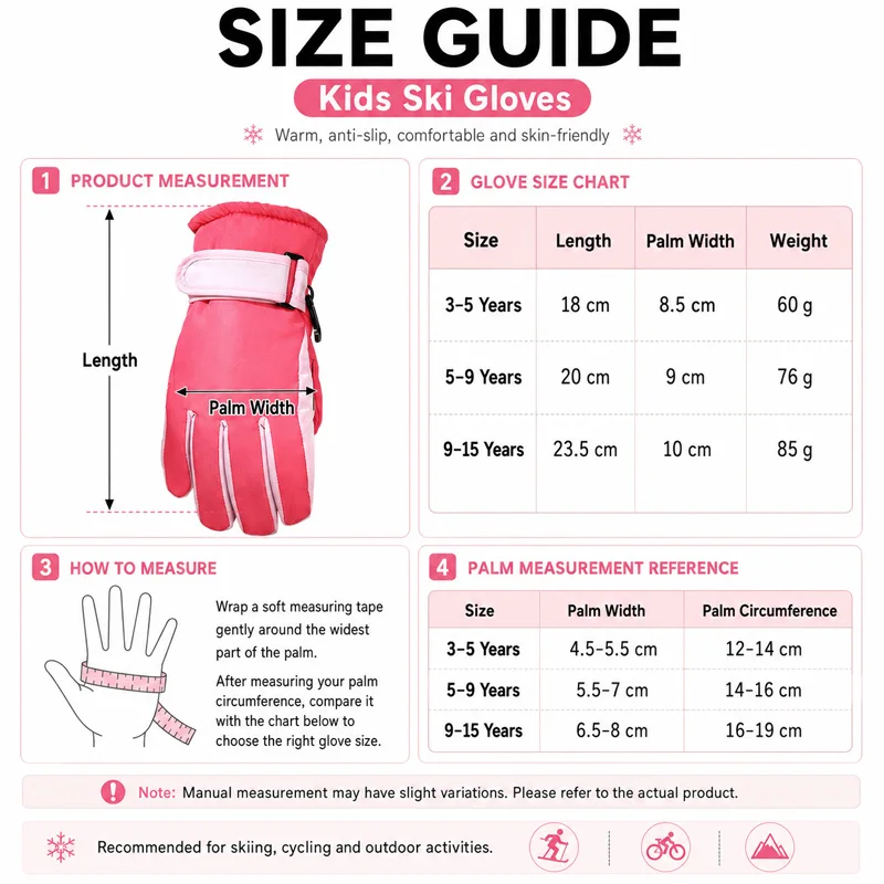 Kids Winter Ski Gloves Waterproof Windproof Children Snow Gloves for Boys Girls Warm Fleece Lining Sports Finger Gloves 3-15Y