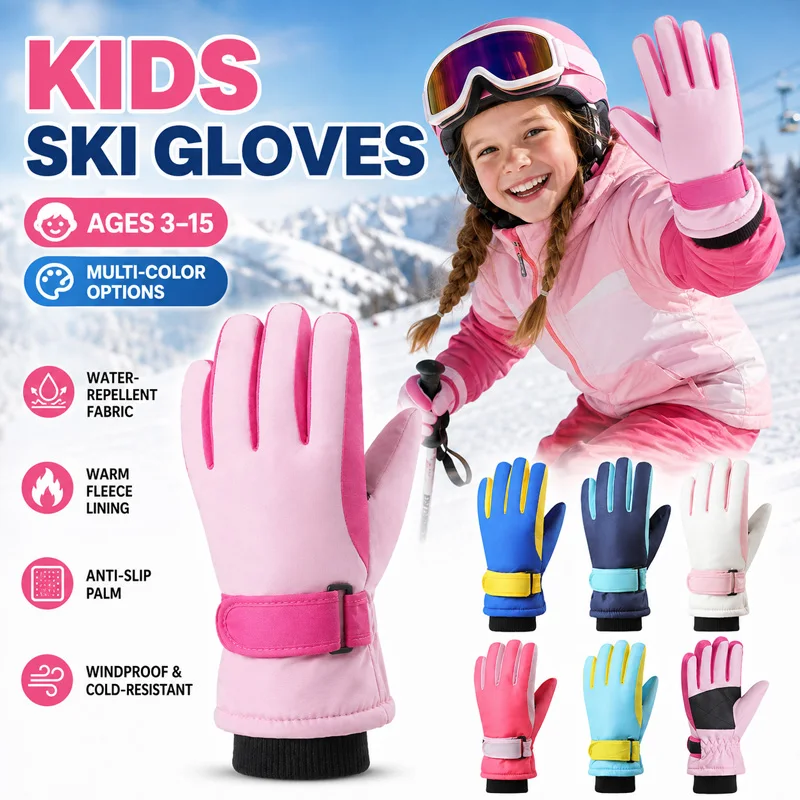 Kids Winter Ski Gloves Waterproof Windproof Children Snow Gloves for Boys Girls Warm Fleece Lining Sports Finger Gloves 3-15Y