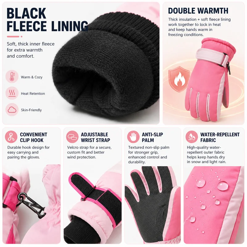 Kids Winter Ski Gloves Waterproof Windproof Children Snow Gloves for Boys Girls Warm Fleece Lining Sports Finger Gloves 3-15Y