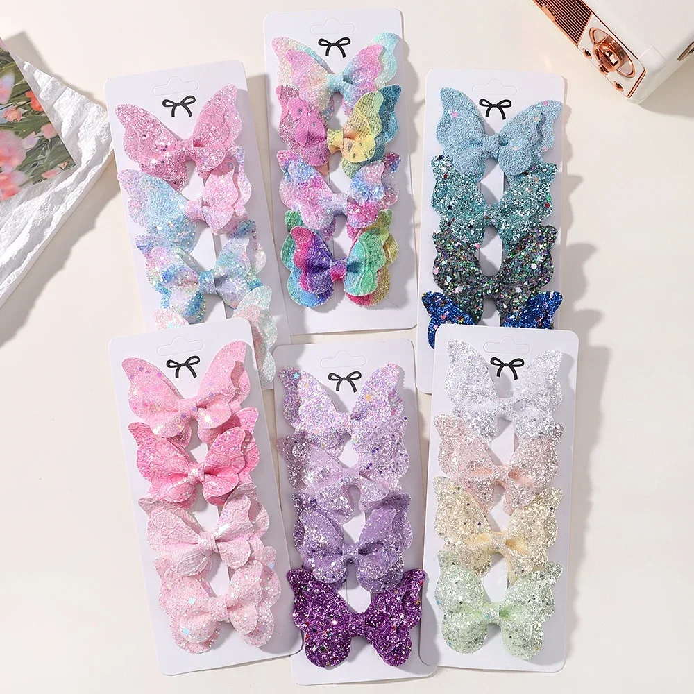 4Pcs Girls Cute Sequins Double Butterfly Hair Clip Bow Hairpins DIY Headwear Bow Decor Hairgrip Children Hair Accessories
