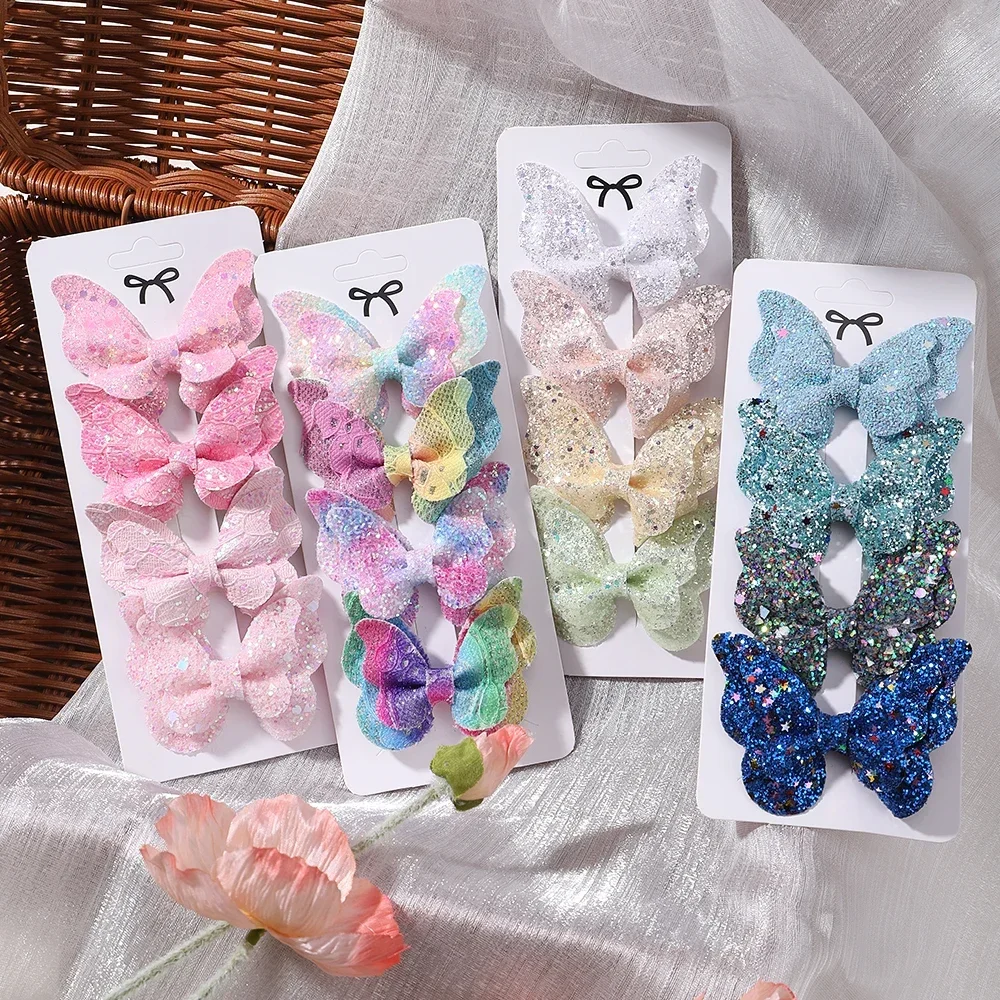 4Pcs Girls Cute Sequins Double Butterfly Hair Clip Bow Hairpins DIY Headwear Bow Decor Hairgrip Children Hair Accessories